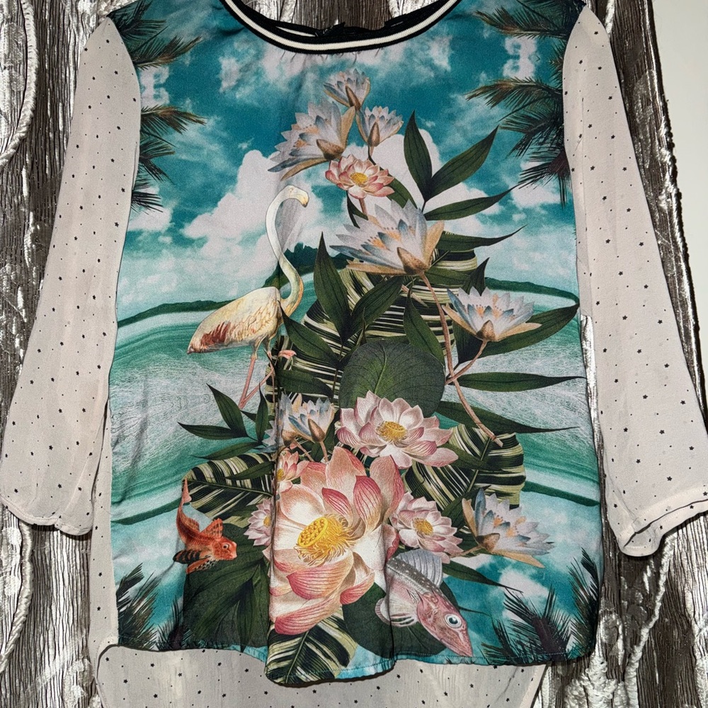 Scotch & Soda Pink and Green Graphic Blouse with Peter Pan Collar